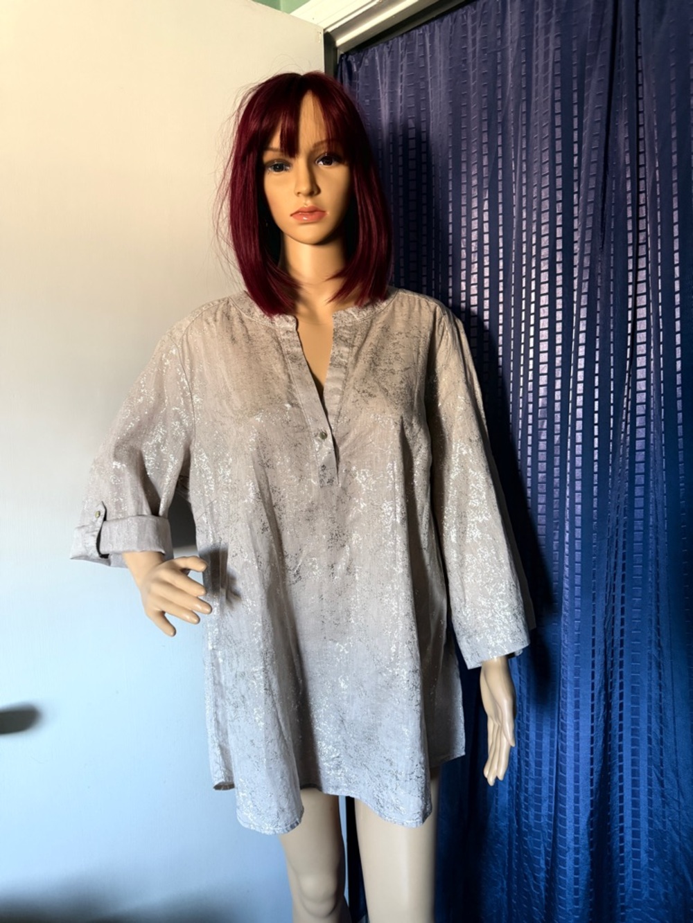 Lila Rose Beige Linen Cotton Tunic Shimmery Metallic Luminous 1X NWT